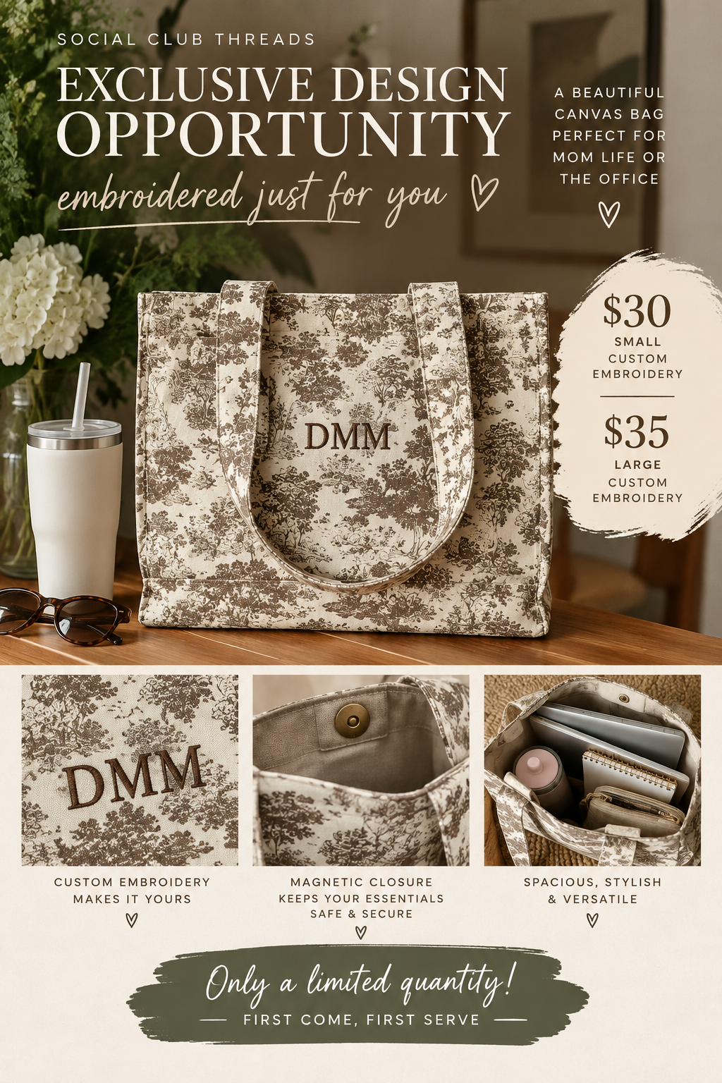 Toile Canvas Tote with Custom Embroidery