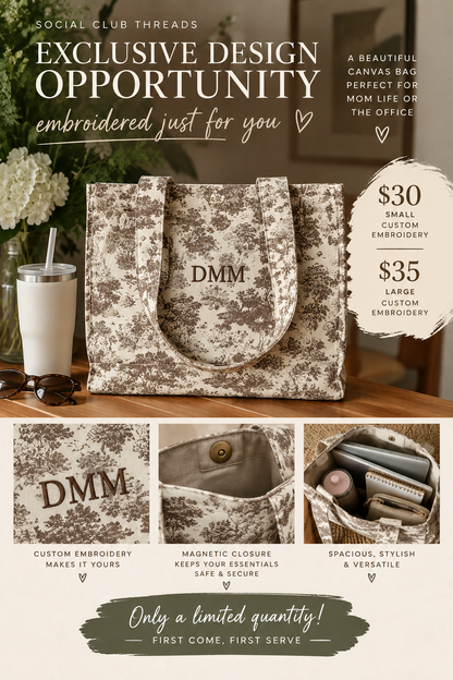 Toile Canvas Tote with Custom Embroidery